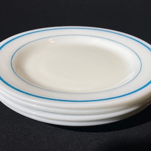 Set of 4 ANCHOR HOCKING turquoise stripe dinner plate 9 inches Vintage 1960s USA 969 blue restaurant ware fading