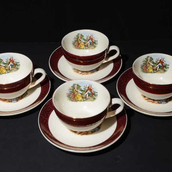 Set of 4 Vintage Original Versailles teacup and saucer 22k Gold British Empire Ceramics Dinnerware Burgundy Rim Red Rim Gold Filigree