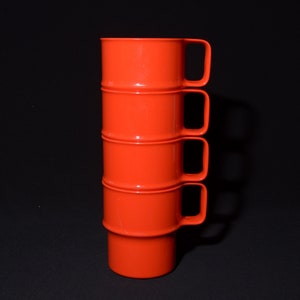 Rosti Mepal Set for 4 coffee cup mugs orange red  Vintage Melmac GRALOC Melamine Holland 314