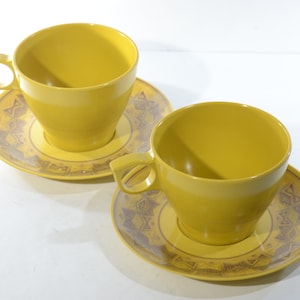 Vintage Set of 2 MELMAC Quality Dinnerware mustard yellow Teacup and saucer Mid century Hard Plastic Melamine Dinnerware Canadian cups
