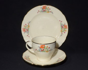 Alfred Meakin Teacup and saucer with dessert plate Vintage Trio large gold rim floral orange poppy flower  tea cup wildflower creamware