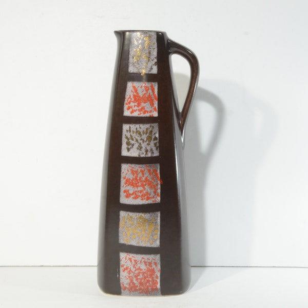 Vintage Strehla Keramik East Germany Bud vase Dark Brown Gold Silver and Copper Metallic Square  retro ceramic vase handle 7584 MCM