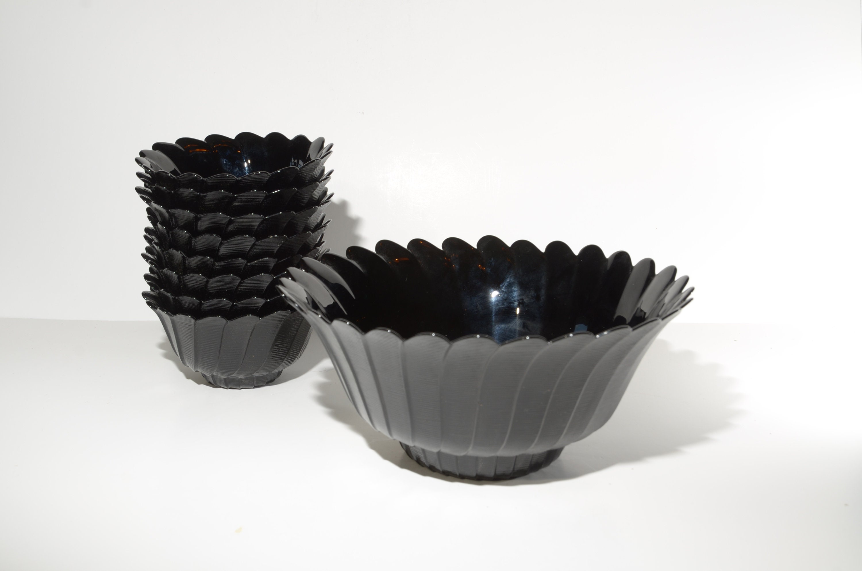 Vintage black salad bowl set glass Petal bowl serving Etsy