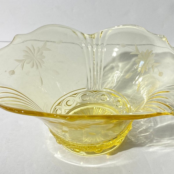 Lancaster Yellow Depression Glass Serving bowl etched flower Jubilee pattern Ribbed vintage ruffled edge 3 1/4" tall Rare  Collectible