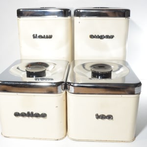 Set of 4 The Queen Line canister ivory with black lettering Tea Coffee Flour Sugar Chrome Canada metal Tin Storage Container by A.R. Lite