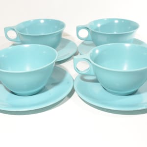 Set of 4 Vintage MELMAC Melamine turquoise blue Teacup and saucer MCM Canada Quality Dinnerware