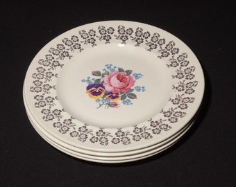 Set of 4 Vintage Golden Bouquet by Empire Porcelain bread and butter plate 6 3/8" 22k Gold flowers on rim floral rose pansies Staffordshire