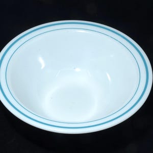 Può includere: Ciotola in ceramica bianca con una doppia striscia azzurra attorno al bordo. La ciotola ha una finitura liscia e lucida ed è vuota. La ciotola è probabilmente per servire cibo.