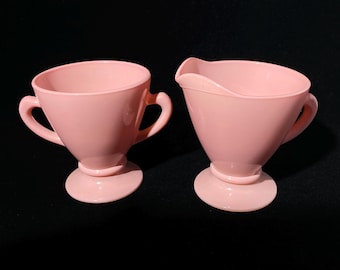 HAZEL ATLAS Pink Sugar and Creamer set Odds and Ends Ovide Pattern Platonite Burnt Orange Collectible Art deco htf
