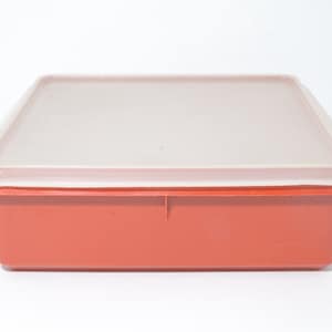 May include: A rectangular storage container with a solid orange base and a translucent, off-white lid. The container features straight sides and a flat top, providing a simple and functional design for organising various household items.
