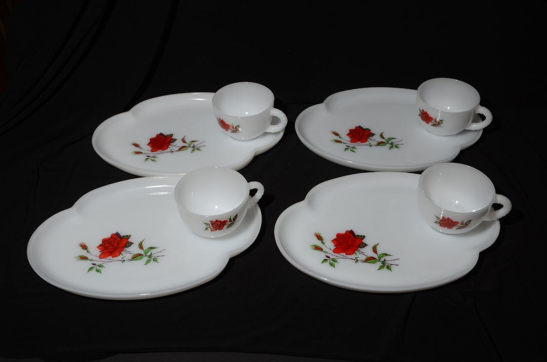 4 Vintage FEDERAL Red Rose Milk Glass Snack Sets Tea Cup Plate Etsy