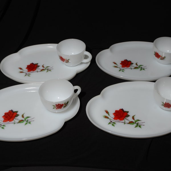 4 Vintage FEDERAL Red Rose Milk Glass Snack Sets Tea Cup Plate Rosecrest Design Snack Tray Set Milk Glass Teacup Tray Set 8 pc Valentines