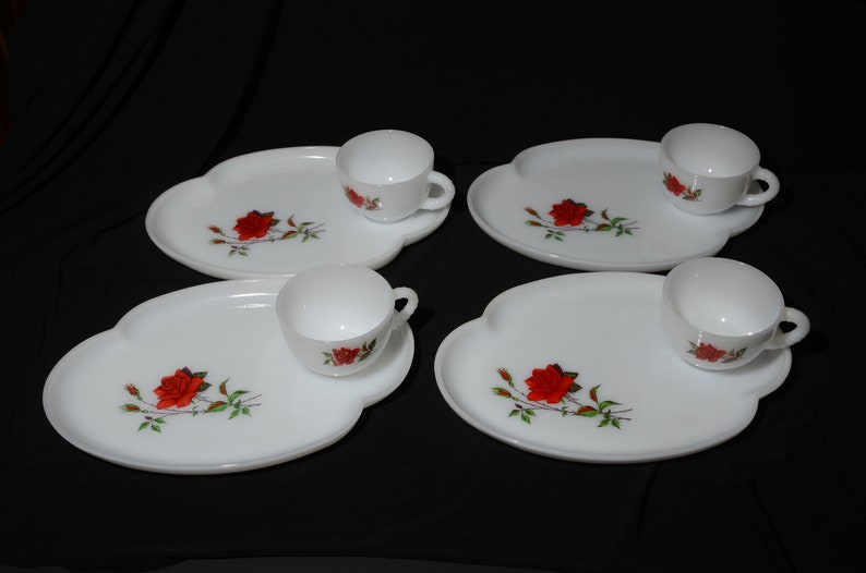 4 Vintage FEDERAL Red Rose Milk Glass Snack Sets Tea Cup Plate Etsy