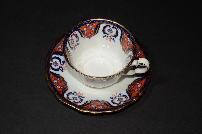 Antique FENTON Staffordshire Paladin China E. Hughes & Co Teacup and Saucer mod orange blue gold Gold Rimmed England L106 rare image 3