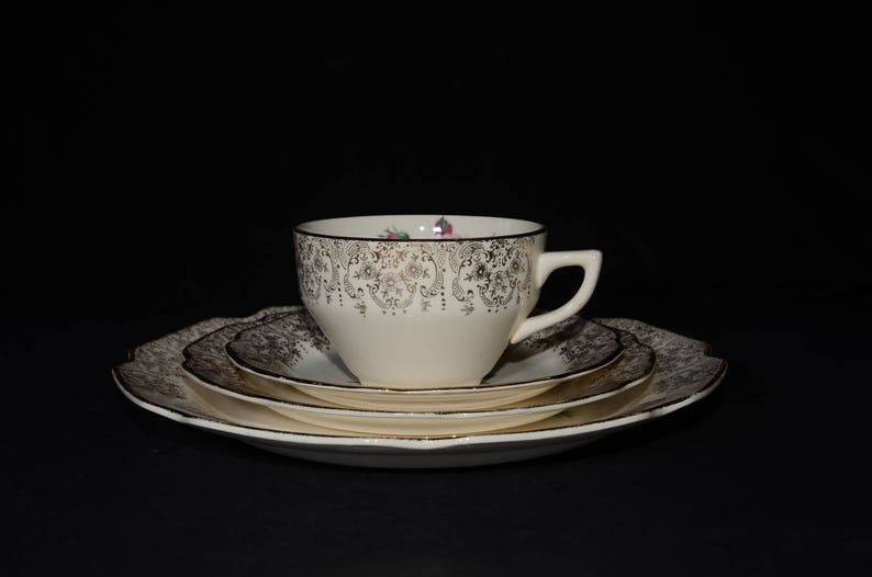 teacup and saucer vintage U.S.A. Pink roses 22k gold floral chintz BRIARD rose c.1950s dinnerware set Mid-century DOMINION CHINA