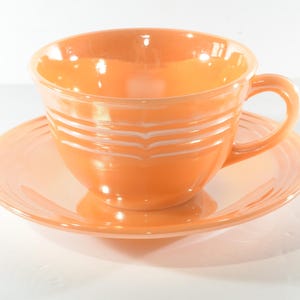 FIRE KING Teacup and Saucer Three Bands Peach luster Ware 1950s Anchor Hocking Peach lustre Coffee cup mug