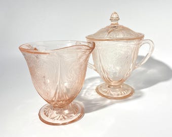 HAZEL ATLAS Glass Pink Depression Glass Royal Lace cream and sugar bowl with lid creamer set made in USA  htf
