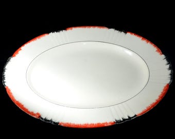 MYOTT Bone China Servierplatte große Platte 14-3/4" England orange rot schwarz Streifen Band Thanksgiving Art deco