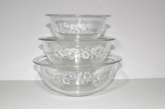 Pyrex Glass Mixing Bowl Set 3 Piece Black and White With Clear 