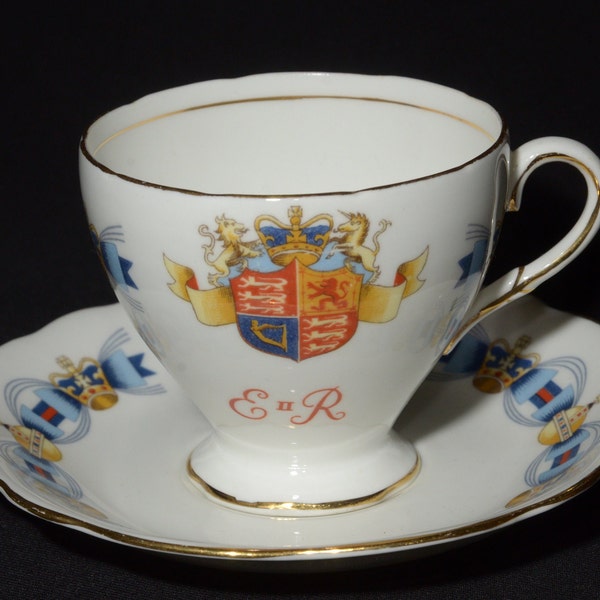 FOLEY Teacup and saucer set Coronation Queen Elizabeth 1953 Bone China England gold rim crown royal