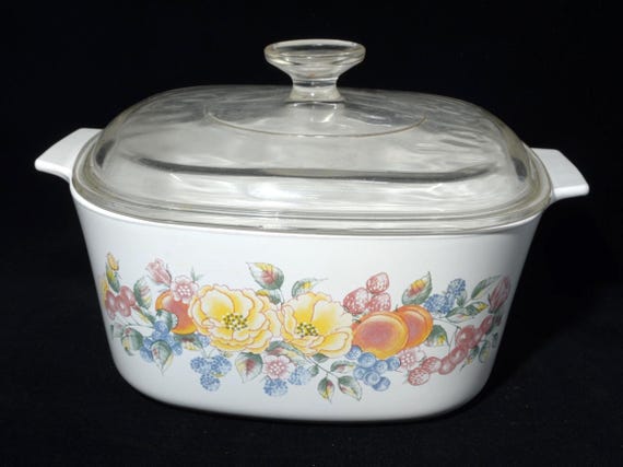 CORNING WARE 3 Qt Orchard Rose A3B Auflaufform Glasdeckel Bedeckt Pyrokeramik Pyrex 3 Quart 3 Liter A-3B Früchte und Blumen USA selten