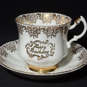 PARAGON Bone China Teacup and saucer Happy Birthday lettering gold floral scroll Montrose Shape Appointment 838