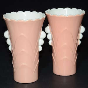 Set of 2 FIRE KING Table Vase Deco vase 5 1/4&quot; VintageAnchor Hocking Vitrock milk glass pink and white art deco old pink