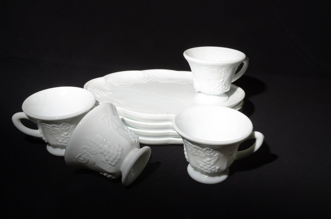 Vintage Indiana Milk Glass Luncheon Sets Harvest Grape Set of 4 Footed