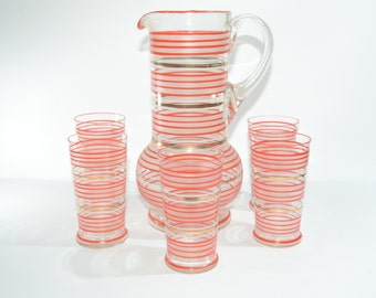 Stunning Vintage Pitcher glass set ice lip tall pitcher and 5 tumblers frosted red white gold stripes rings 10 inches tall fleabites