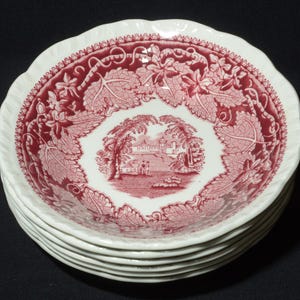 Antique Mason&#39;s Vista  set of 6 sauce bowl 5.25&quot; Bone China red pink transferware leaves landscape Gadroon Edge berry bowl fruit bowl