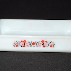 REY DEL FUEGO Vaso de leche rectangular Cazuela para hornear 1-1/2 QT Patrón de primavera Fuente para hornear de los años 60 Fuente para servir Vintage 410 Hocking floral