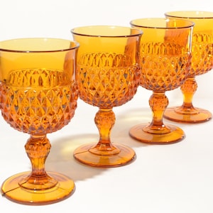 Vintage Diamond Point Amber Set of 4 Water Goblet Footed 6.5 tall Wine by Indiana Glass mcm image 1