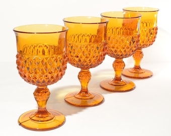 Vintage Diamond Point Amber Set van 4 Water Goblet Footed 6,5" hoge Wijn van Indiana Glass mcm