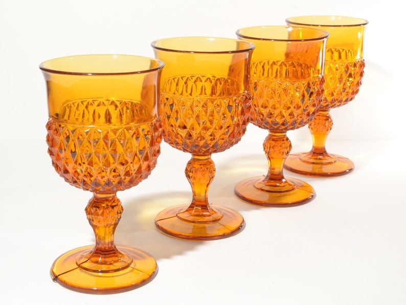 Vintage Diamond Point Amber Set of 4 Water Goblet Footed 6.5 tall Wine by Indiana Glass mcm image 1