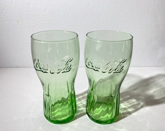 2 Small Vintage Coke Coca-Cola Glasses Cup Mini Green Coke Glasses Dimples
