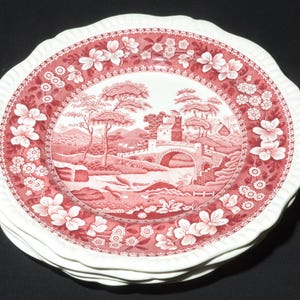 Copeland SPODE&#39;S TOWER Set rosa da 4 piatti da portata da 10,75&quot; Stoviglie in porcellana transferware rossa inglese con scena floreale Spode Bone China Timbro posteriore più recente