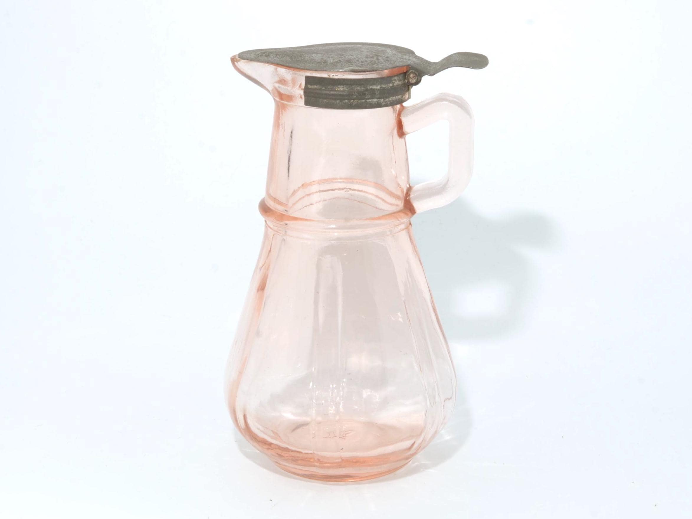 Hazel Atlas Pink Depression Glass Syrup Dispenser Pitcher Metal