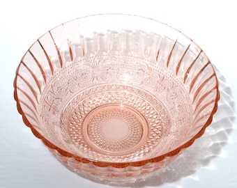 Vintage KIG Pink glass serving bowl 7 inches serving dish fleur de lys vintage Indonesia Pink pressed glass cut panel glass pattern paisley