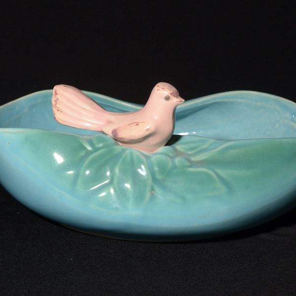 McCoy Bird Bath Turquoise Blue Bowl Planter pottery green embossed leaf pattern Mc Coy DAMAGED