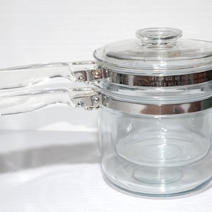 Pyrex Flameware Double Boiler Bain Marie with Glass Handles Flame Logo 6283 made in USA vintage Pyrex ot
