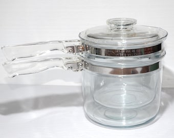 Pyrex Flameware Double Boiler Bain Marie with Glass Handles Flame Logo 6283 made in USA vintage Pyrex ot