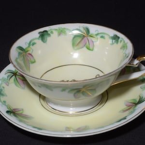 SHAFFORD Hand Painted Green leaf Teacup and saucer set Foote, Gold Rimmed Japan Vintage Widemouth foliage