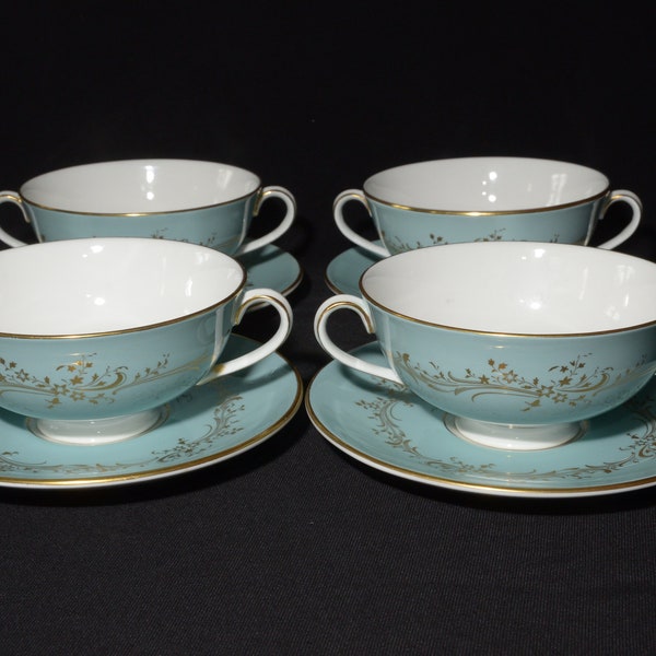 Ensemble de 4 bols à soupe Royal Doulton Melrose et soucoupe à double anse tasse à bouillon turquoise en filigrane d'or tasse Angleterre or