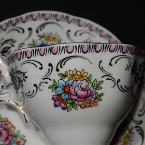 ROYAL ALBERT Damask Footed Teacup and saucer pink floral 2694 flower Gold Rimmed England Vintage Bone China Malvern Shape image 8