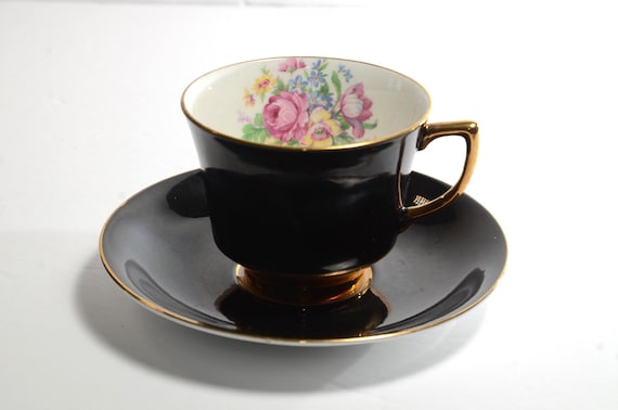 Black Hazel Sharon Vintage Tea Cup and Saucer Floral Bouquet Gold