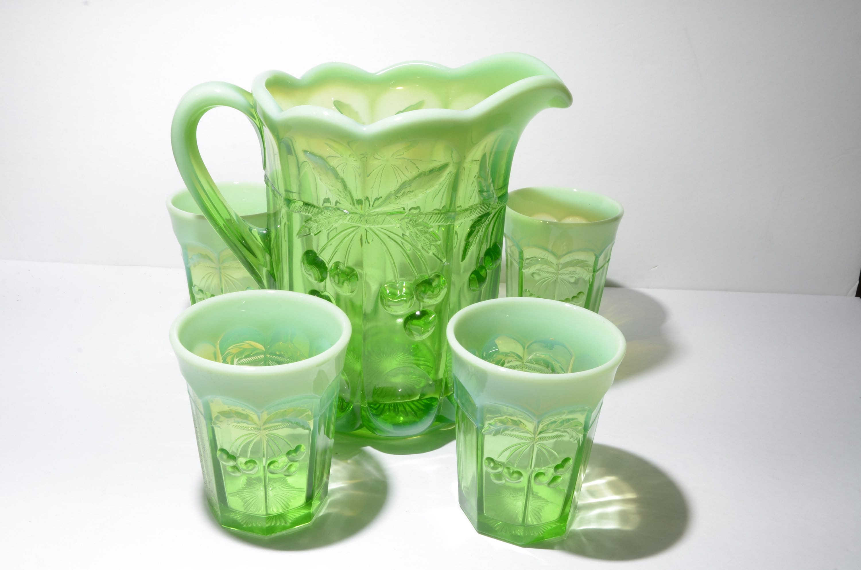 Rare Mosser Cherry Cable Green Opalescent Pitcher 4 Tumbler