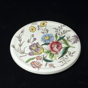 Peut inclure: Une assiette ronde en céramique blanche avec un motif floral. Les fleurs comprennent des fleurs roses, bleues, jaunes et violettes avec des feuilles vertes. L'assiette est posée sur un fond noir.