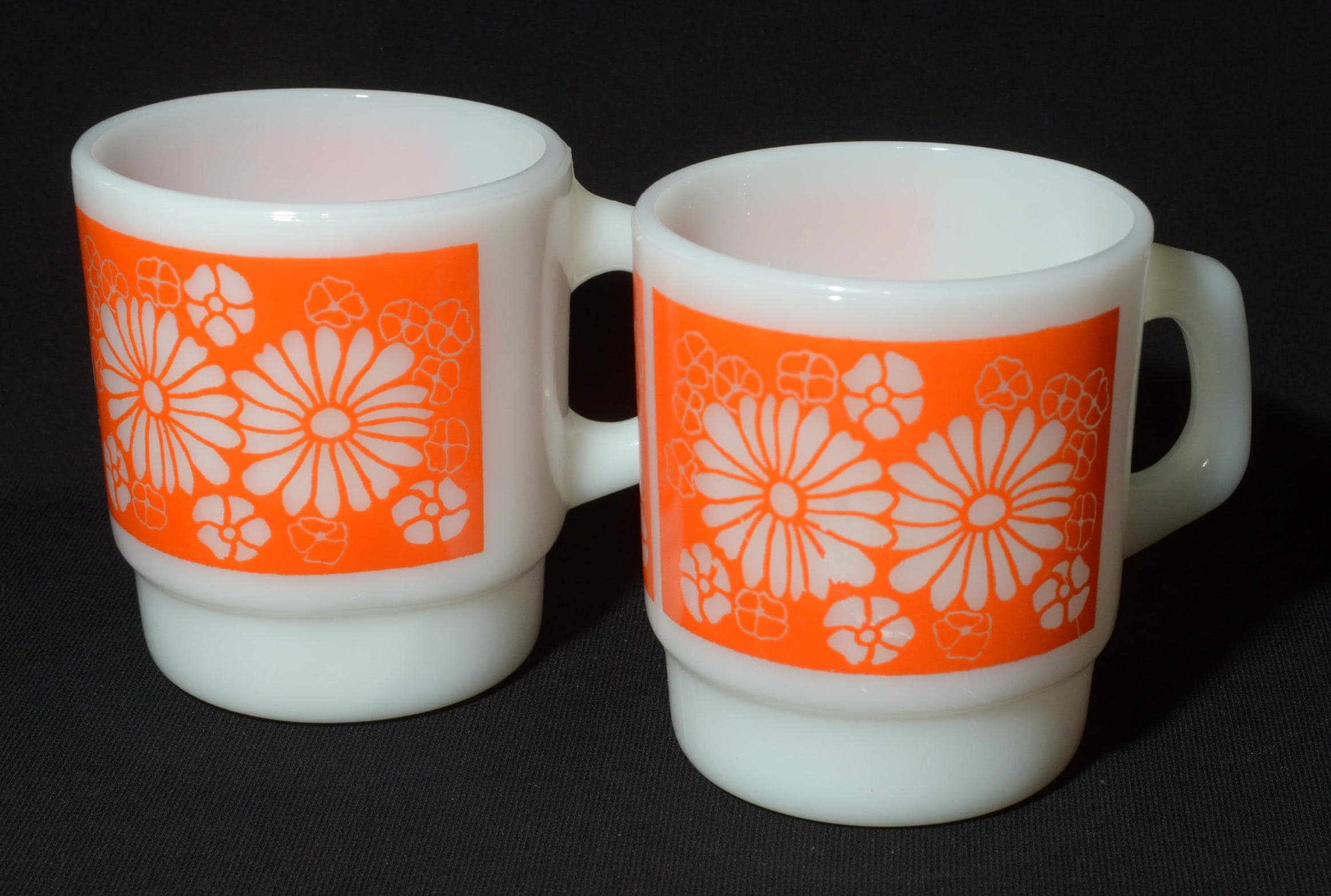 Set of 2 Fire King Vintage Orange Daisy Milk Glass Coffee Mug D