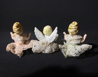 天使の置物 3 個セット 陶器製 ヴィンテージ 座り型 レース生地