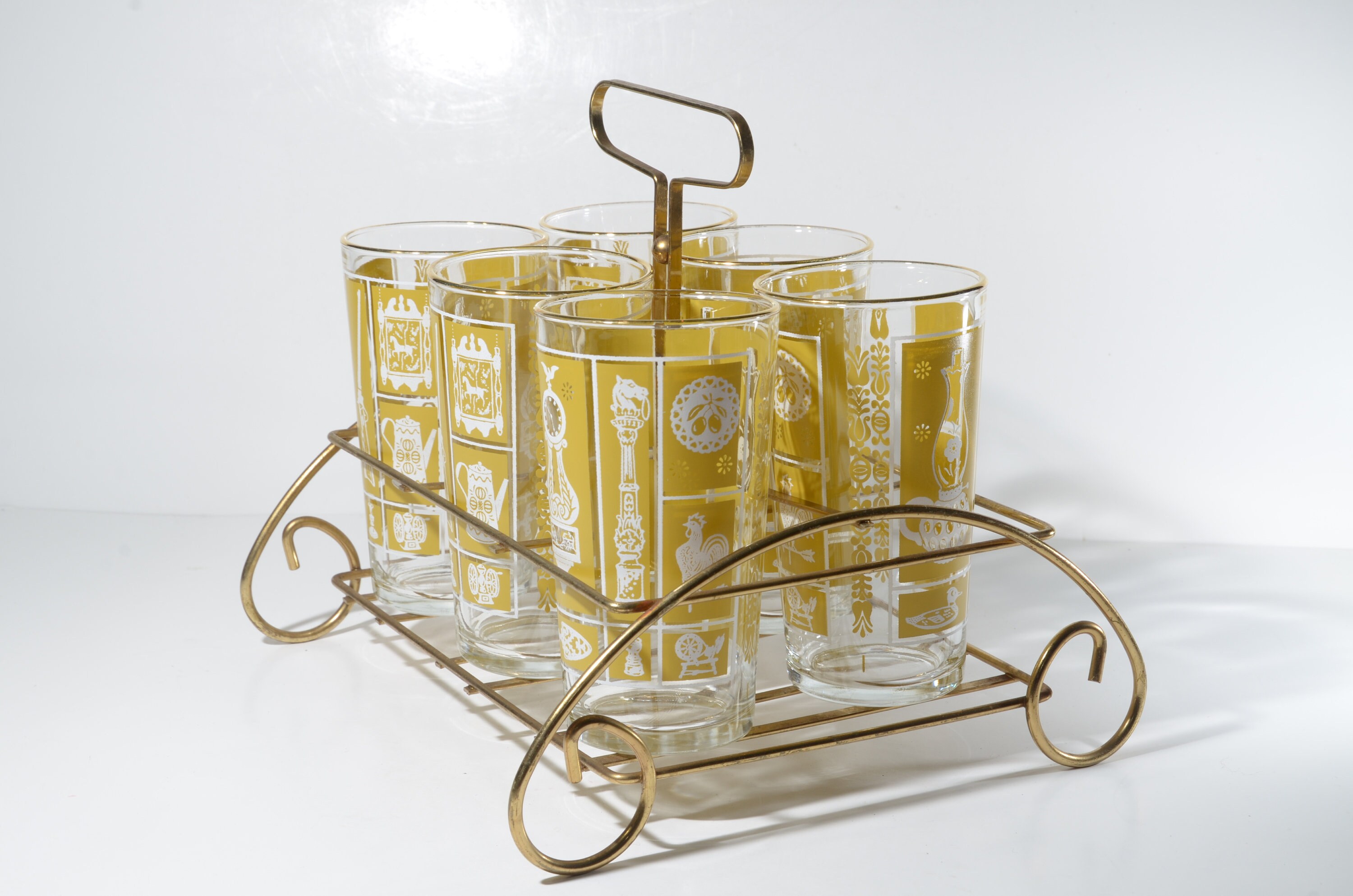 Set of 6 Vintage Drinking Glass Mustard Yellowwhite Etsy